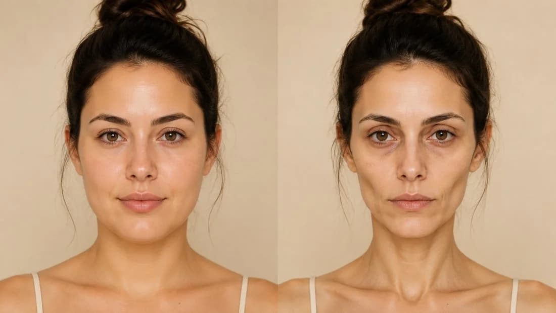 A mesma mulher aos 32 anos: antes da canetinha, com o rosto cheio e saudável, e depois de 6 meses, com o rosto afundado e envelhecido pela perda rápida de gordura facial